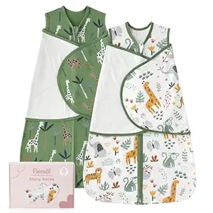 Baby Swaddle Sleep Sack 3-6 Months, Swaddles for Newborns Boy Girl, 3-Way Adjustable Infant Swaddle Wearable Blanket with Zipper & Detachable Wrap, 2 Pack Soft Snug Green Giraffe