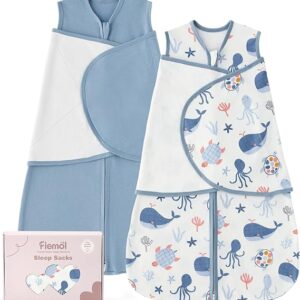 Baby Swaddle Sleep Sack 3-6 Months, Swaddles for Newborns Boy Girl, 3-Way Adjustable Infant Swaddle Wearable Blanket with Zipper & Detachable Wrap, 2 Pack Soft Snug Blue Whale